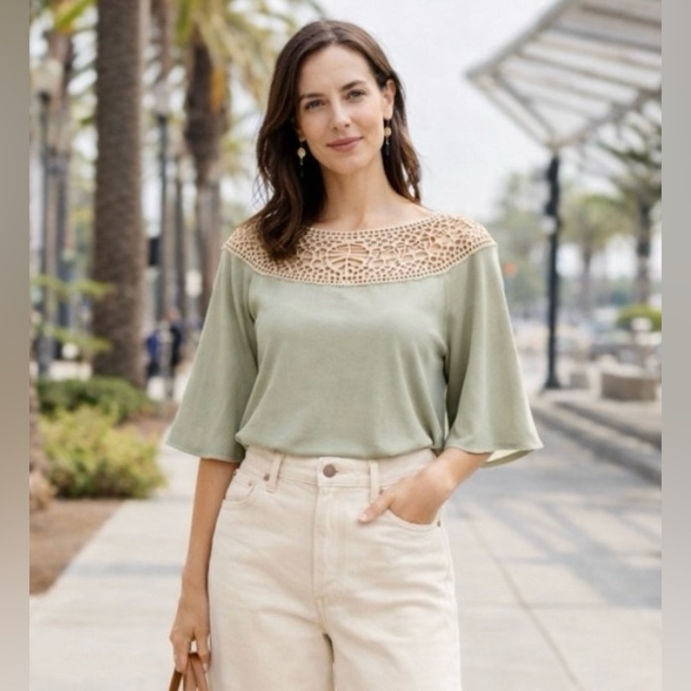 Anthropologie Liberty Garden Sage Vegan Leather Cutout Lace Boho Top M